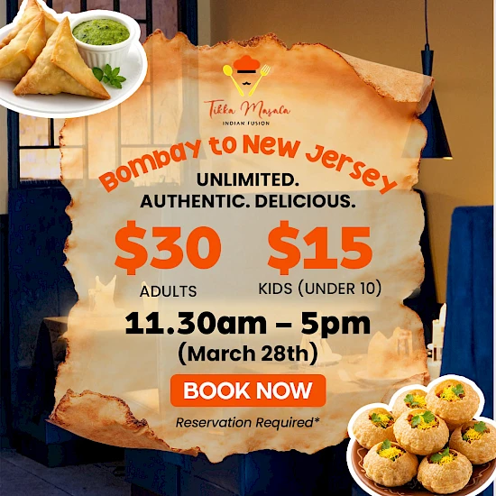 A promotional flyer for a Bombay to New Jersey food deal, showing prices $30 adults / $15 kids, 11:30am–5pm, with “Book Now” button and food photos. End.
